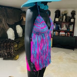 Handmade Multi-Colored Fringe Crochete Triangle Bikini Top No Tags